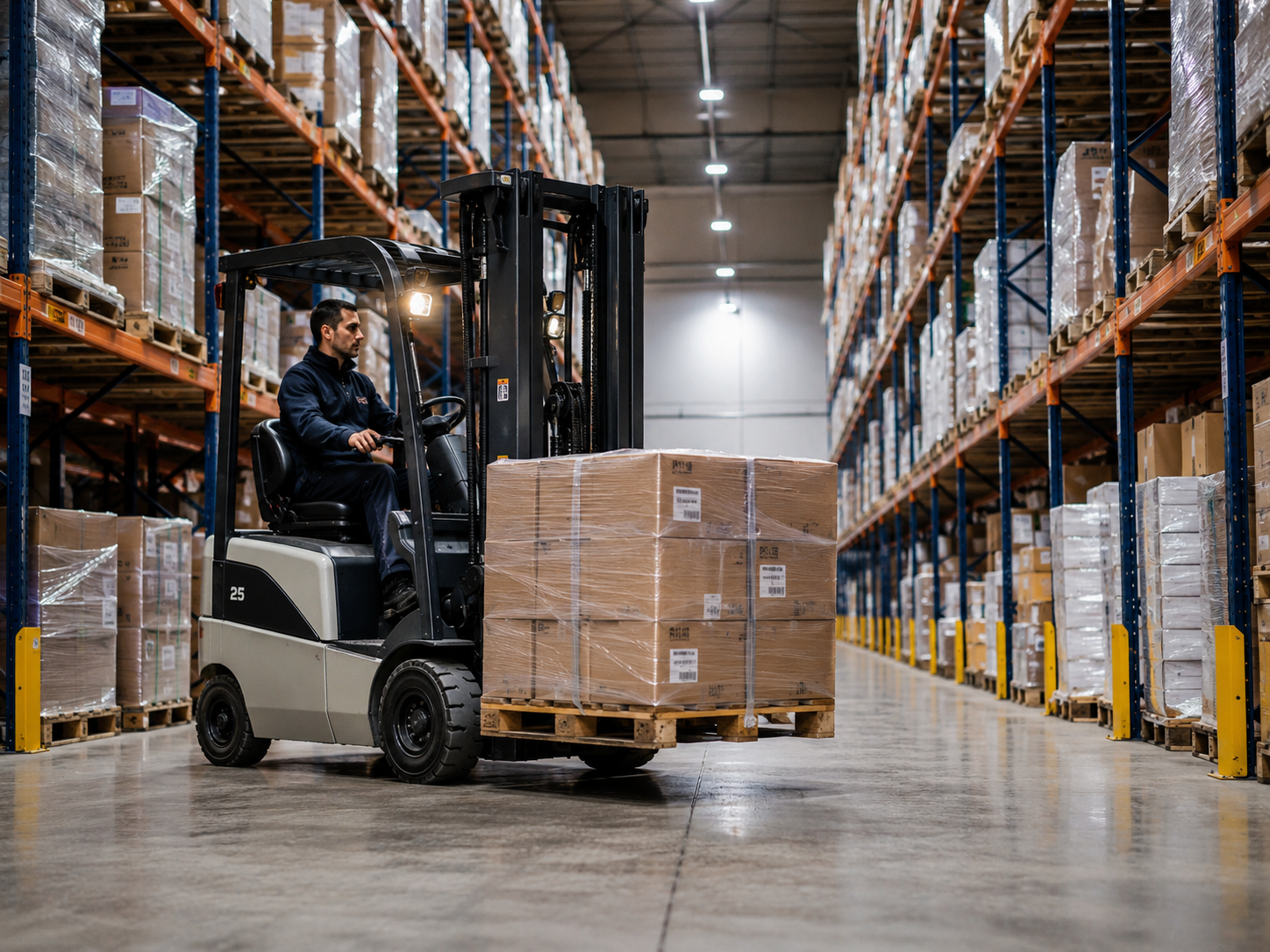 Montacargas trasladando carga en centro de distribución